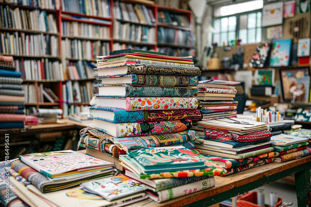 A large stack of colorful books and notebooks sits on a wooden table in a library. A large stack of colorful books and notebooks sits on a wooden table in a library.