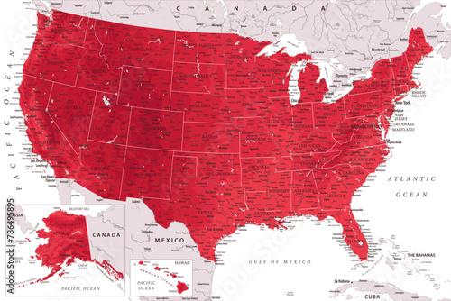 United States - Highly Detailed Vector Map of the USA. Ideally for the Print Posters. Ruby Red Colors. Relief Topographic