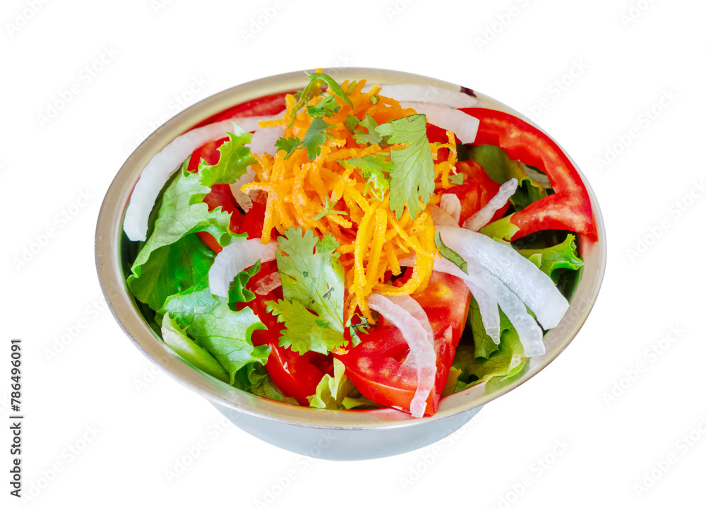 Healthy vegan salad tomatoes, onions, carrots, lettuce salad recipes plant food recipes gluten free recipe. On a white isolated background.