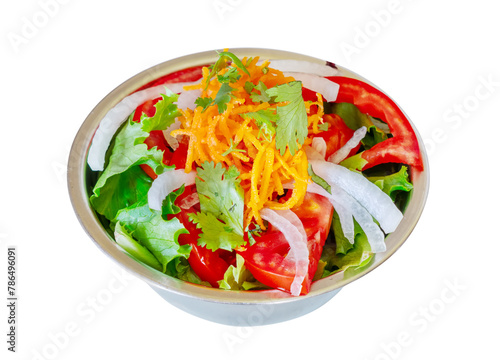 Healthy vegan salad tomatoes, onions, carrots, lettuce salad recipes plant food recipes gluten free recipe. On a white isolated background.