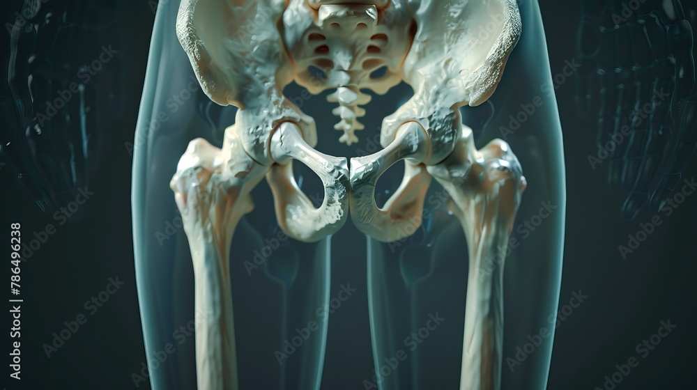 Blue transparent human pelvis and legs on a dark blue background - obrazy, fototapety, plakaty 