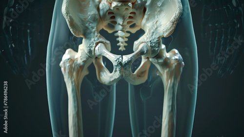 Blue transparent human pelvis and legs on a dark blue background photo