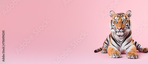 A serene tiger sits gracefully with an attentive look, complemented by a soft pink ground, highlighting its peaceful yet formidable presence