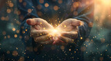 Hands, bokeh and holographic with person of light for support, prayer and care with cosmos for universe. Futuristic, hologram and palm with 3d glow of galaxy, stars and spiritual energy or community