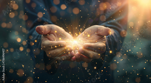 Hands, bokeh and holographic with person of light for support, prayer and care with cosmos for universe. Futuristic, hologram and palm with 3d glow of galaxy, stars and spiritual energy or community photo