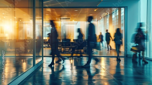 A conference room scenario depicting teamwork and collaboration, with blurred silhouettes of coworkers commuting in the hallway.