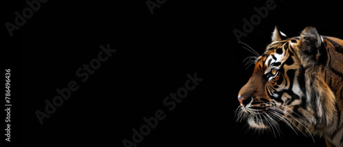 A stunning close-up portrait of a majestic tiger against a stark black background showcasing its detailed fur pattern and intense gaze