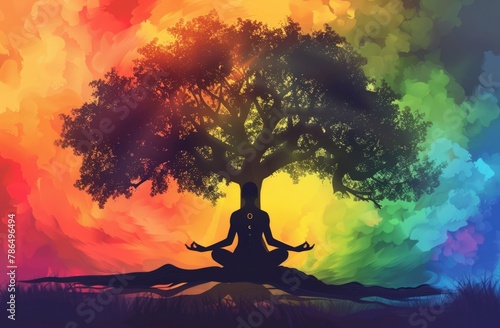 Meditation chakra tree rainbow background silhouette. Generate AI image