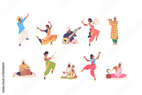 Indian street artists. Artist performing cobra and flute, folk musician dancing play music instrument india culture traditional concert, drumming player classy vector illustration