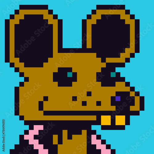 Rat pixel art animal character, avatar, cartoon vector icon, game user or web profile, 8-bit mouse head, social net portrait, minimalistic fashion, vector cryptoart background.