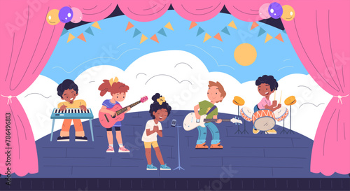 Kid band on stage. Talented children music group singing in microphone, play musical instruments performing concert school theatre, child talent festival classy vector illustration