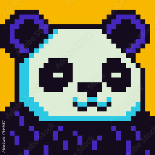 Panda pixel art animal character, avatar, cartoon vector icon, game user or web profile, 8-bit bear head, social net portrait, minimalistic fashion, vector cryptoart background.