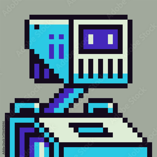Robot character, 8-bit sky-fi cyborg pixel art cartoon vector icon, avatar,  game user or web profile persons and people,  social net portrait, 80s, face, minimalistic vector illustration.