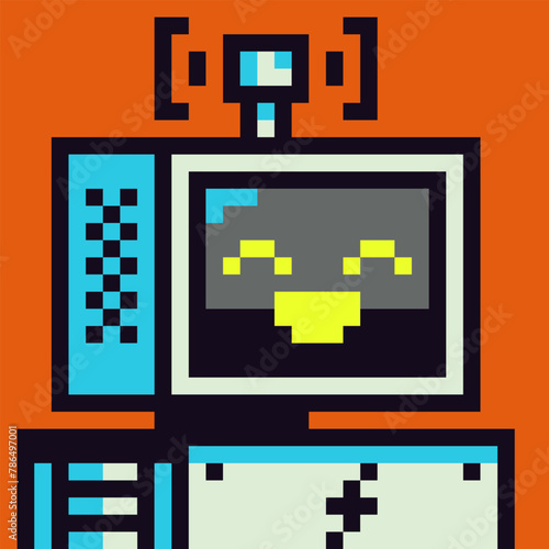 Avatar cute robot pixel character, 8-bit sky-fi cyborg cartoon vector icon, game user or web profile persons and people,  social net portrait, 80s, face, minimalistic vector illustration.