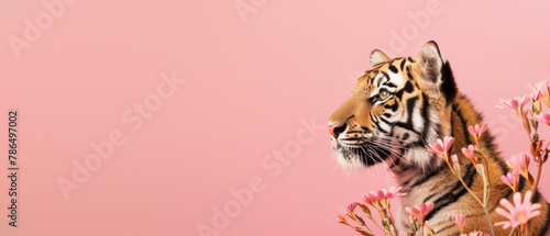 The delicate side of a tiger is shown with soft pink flowers contrasting its powerful stature, set against a gentle pink background