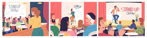 Comedians on stage. Stand-up comedian monologue and laughing audience, man performing open microphone comedy event standup humor show speech laugh public classy vector illustration
