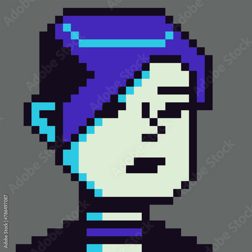 Pixel art young woman face, 8-bit girl, avatar female character, cartoon vector icon, game user or web profile persons and people, social net portrait, minimalistic fashion, vector