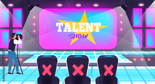 Talent show stage. Musical auditions tv reality audience cartoon background, television program studio podium voice songs screening chairs celebrity jury classy vector illustration