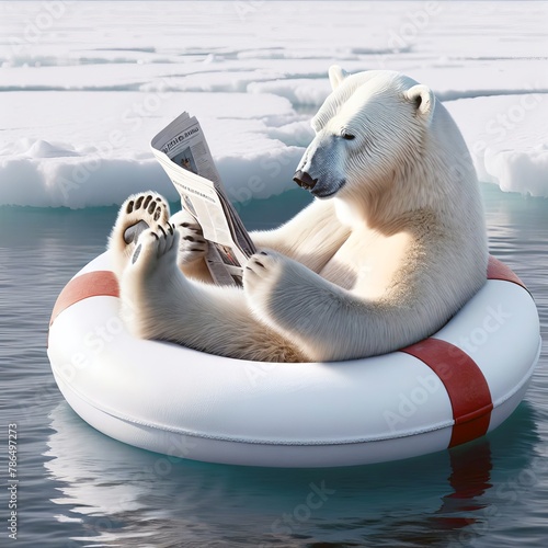 A polar bear reading a newspaper while floating on a lifebuoy in arctic water