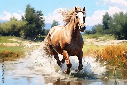 The horse runs along the river  splashing water around it