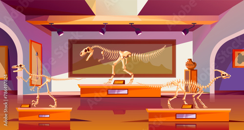 Paleontological museum. Archeology history fossil exhibit cartoon interior, extinct animal dinosaurs bone skeleton ancient prehistoric world paleontology recent vector illustration