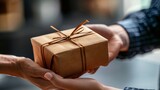 A person handing a gift box to another person. Generative AI.