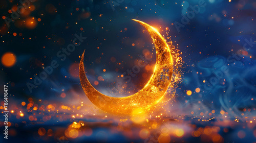 golden smooth crescent on blue background on holiday Ramadan, in the style of blurred, dark magenta and light bronze, romantic landscape, shining, photorealistic compositions, islam