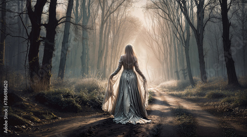 a Mysterious veiled spirit of a woman  in a white dress meanders aimlessly down a narrow dirt path. The golden hues of sunlight through the dense canopy of forest trees, casting a soft radiant glow. photo
