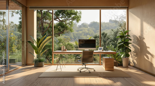 Modern home office space with large windows offering a tranquil nature view, ensuring a peaceful work environment