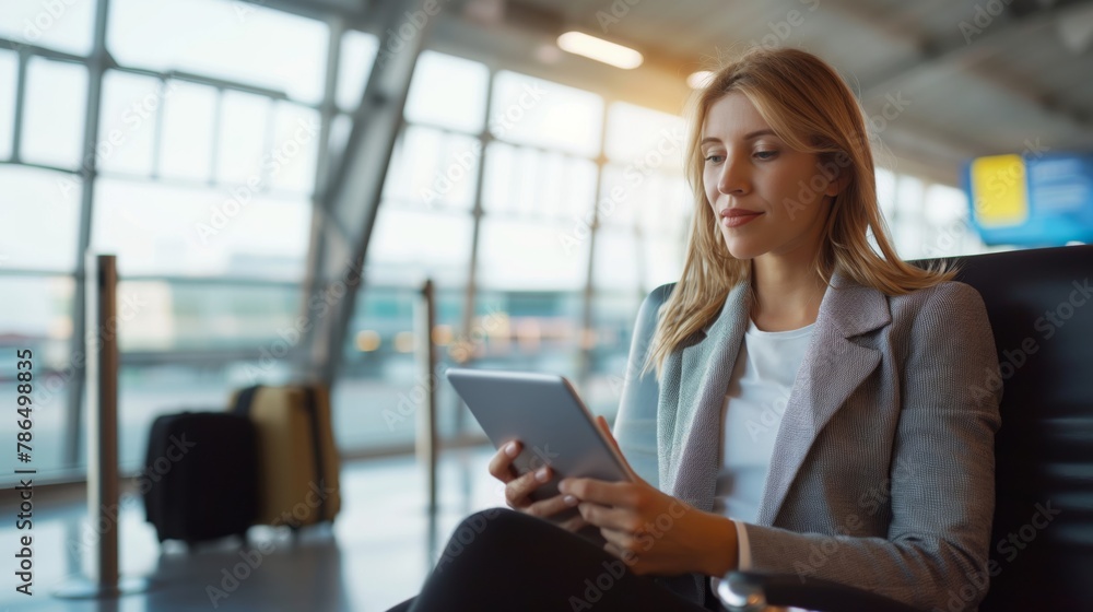 Professional woman reviews financial data on tablet while waiting in airport lounge Professional woman reviews financial data on tablet while waiting in airport lounge