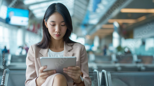 Focused young professional woman reviewing financial documents on a tablet while waiting in an airport lounge