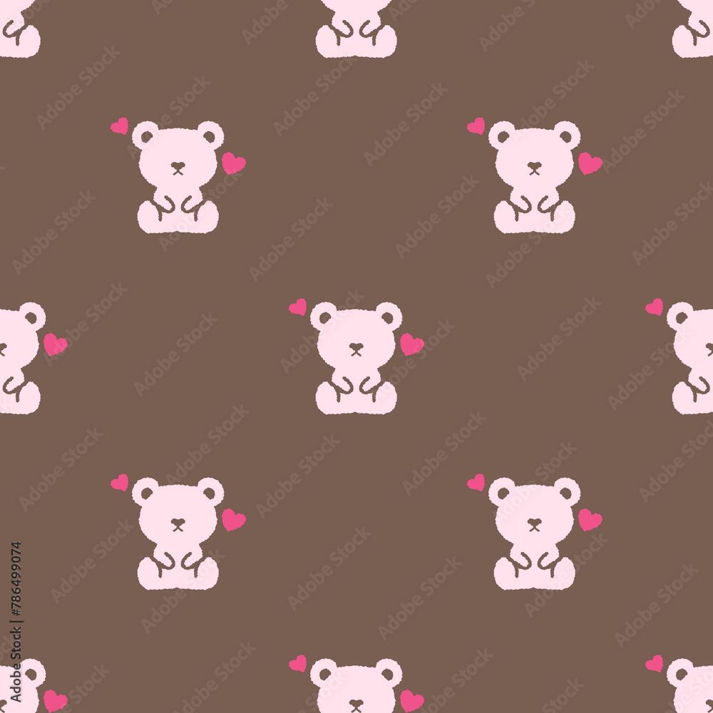 seamless pattern with teddy bear and two hearts on brown background 