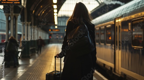 Silhouette of a woman with a suitcase at a train station during the early evening