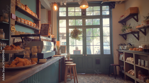 Warm interior of a neighborhood cafe with pastries on display and a welcoming ambiance photo