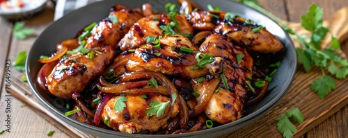 Barbecue chicken with caramelized onions photo