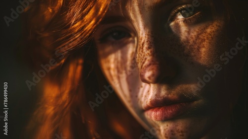 Close up portrait of freckled red haired young woman with green eyes looking at camera against dark background.