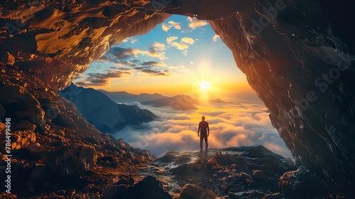 Solitary Figure Standing at Cave Entrance Watching Sunrise Over Mountains and Clouds. A Majestic and Inspirational Scene. Ideal for Concepts of Discovery and Adventure. AI