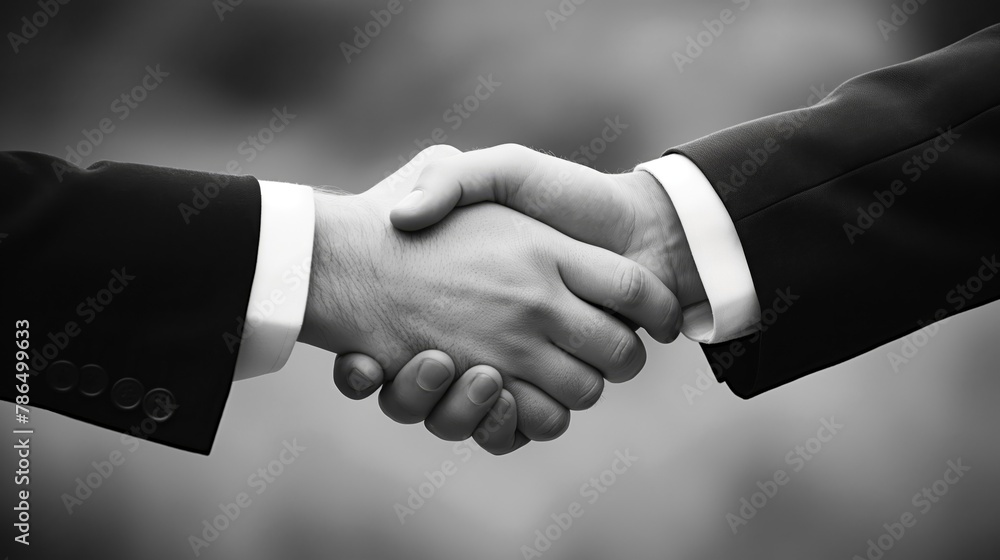 Close up of two professional executives wearing formal attire shaking hands in a black and white corporate setting. Sealing a successful business partnership deal with a handshake agreement Close up of two professional executives wearing formal attire shaking hands in a black and white corporate setting. Sealing a successful business partnership deal with a handshake agreement
