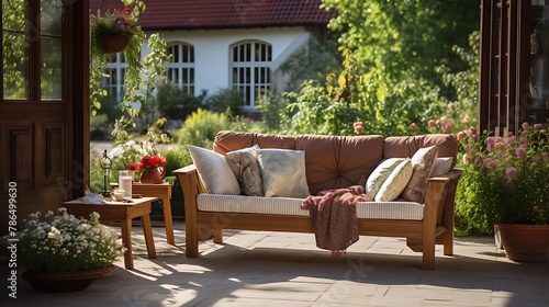 Comfortable sofa on a patio outside on a sunny afternoon 