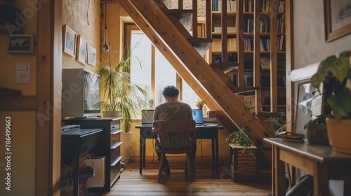 Freelancer working diligently in a peaceful, well-lit home nook with wooden accents and plants photo