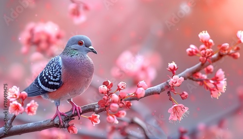 A pigeon perched on a branch with pink flowers. Generative AI. © VISUAL BACKGROUND