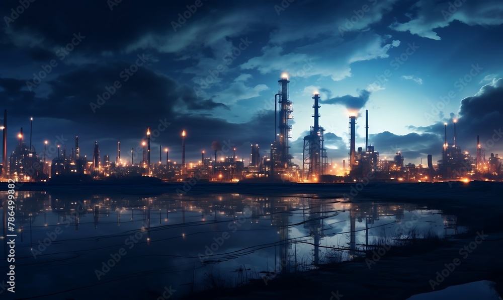 Petrochemical plant at night with blue sky and white clouds.