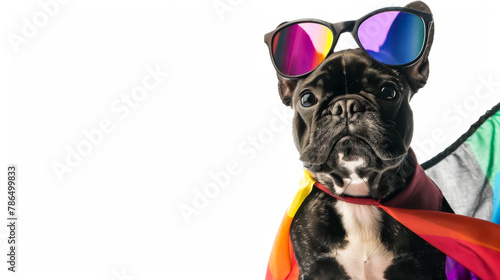 Pride Celebrating Black Dog with Rainbow Cape and Sunglasses 