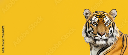 A stunning and detailed portrayal of a tiger, showcasing its vibrant orange fur and distinctive stripes against a contrasting yellow backdrop The image captures the essence of wildlife