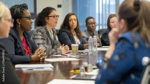 Multiracial group of business executives engaged in a conference room discussion