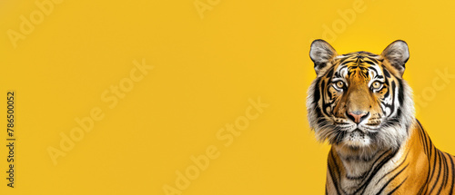 A front-facing image of a Bengal tiger making direct eye contact against a yellow backdrop, engaging the viewer