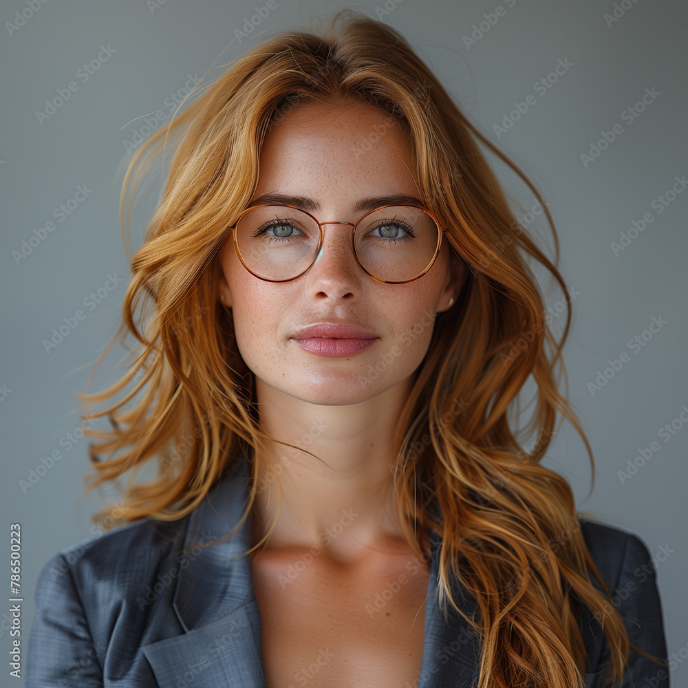 Obraz premium portrait of businesswoman on smooth gray color background scene set in studio light.