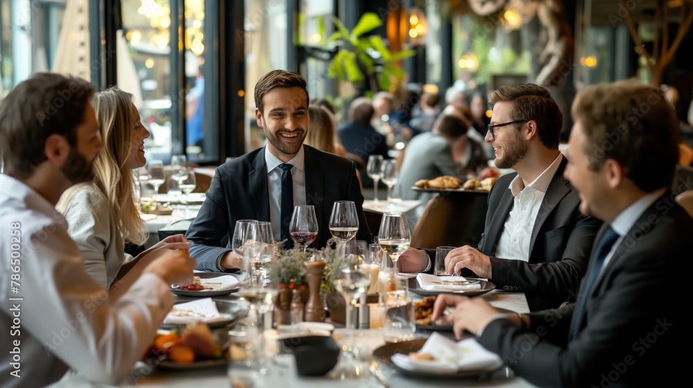 Group of well-dressed professionals engaging in a lively conversation at a restaurant