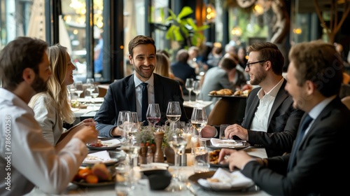 Group of well-dressed professionals engaging in a lively conversation at a restaurant