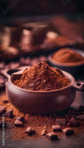 A close-up view of cocoa powder in a ceramic bowl  surrounded by chocolate pieces and other spices  with a warm  moody lighting. International Chocolate Day.